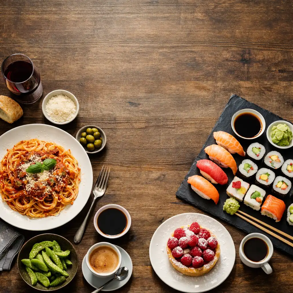 Stół z różnorodnymi daniami kuchni świata: włoski makaron, azjatyckie sushi i francuskie ciastko