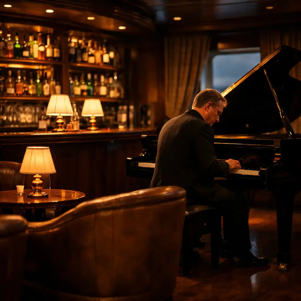 Kameralny bar na statku z pianistą grającym na fortepianie