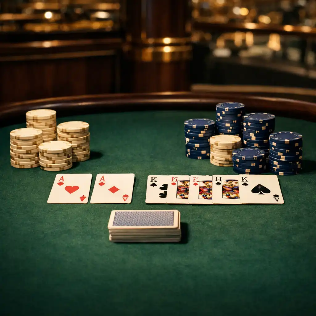 Zbliżenie na elegancki stół pokerowy z kartami i żetonami