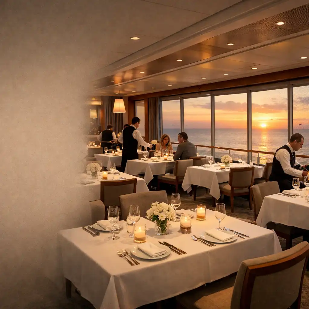 Elegancka restauracja na statku wycieczkowym z panoramicznymi oknami wychodzącymi na morze o zachodzie słońca