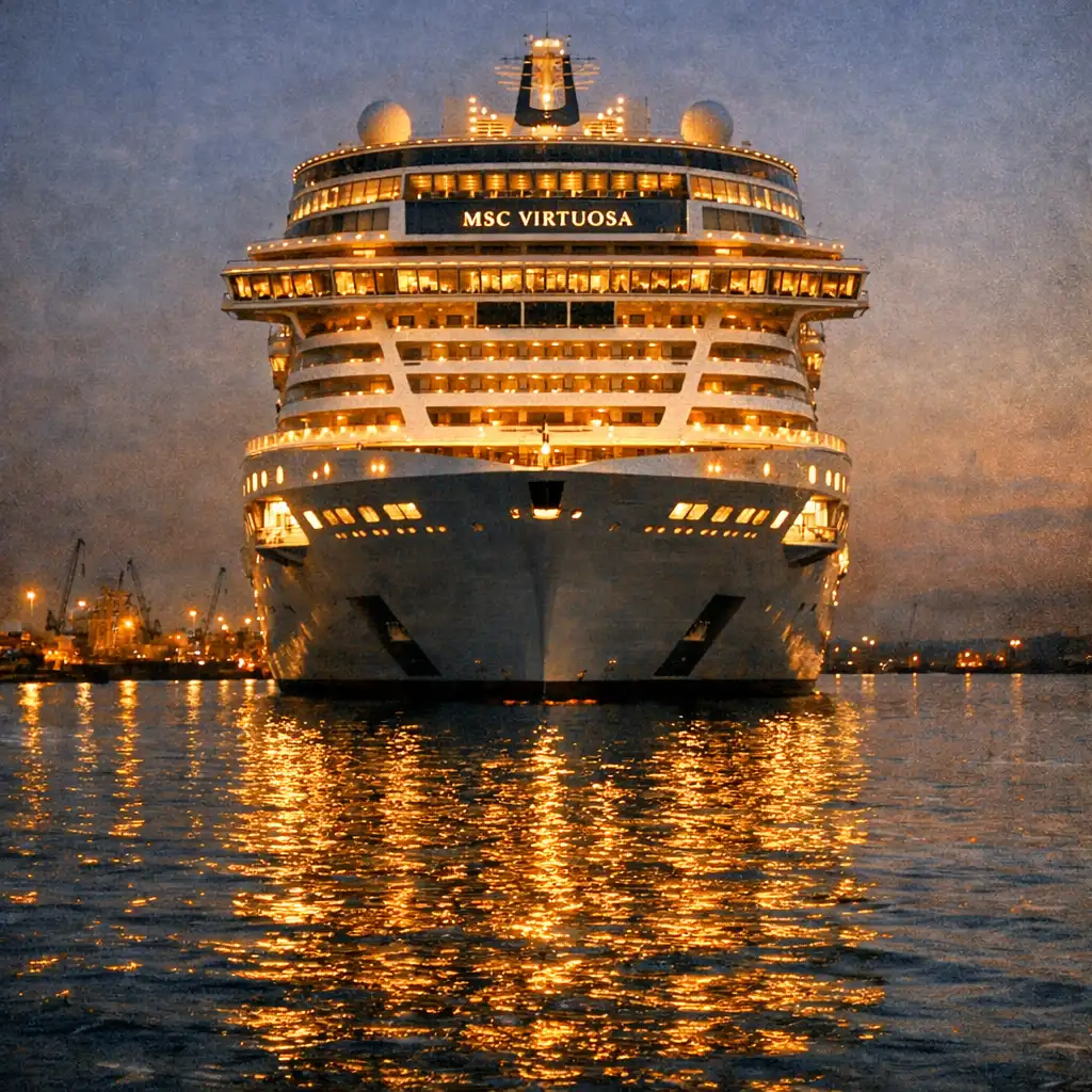 MSC Virtuosa w porcie o zmierzchu z iluminacją