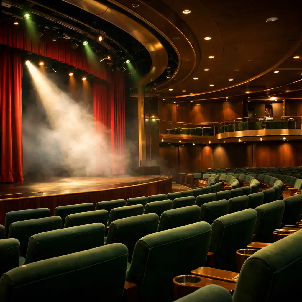 Wnętrze teatru na statku z rzędami foteli i sceną z czerwonymi zasłonami